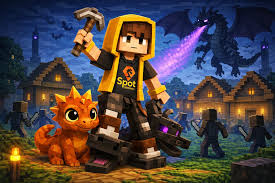 Illustrated Minecraft adventurer with a pickaxe, a small orange creature and a dragon over a village