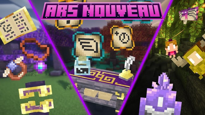 Ars Nouveau artwork showing spell scrolls, magical tools and purple crystals