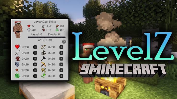 LevelZ Minecraft thumbnail showing a player skill screen beside a forest campfire