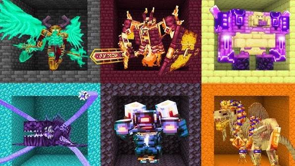 Collage of six fantasy Minecraft boss-style creatures in different arenas