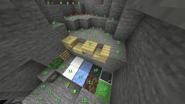 Minecraft cave scene with coloured numeric debug-style overlays above blocks