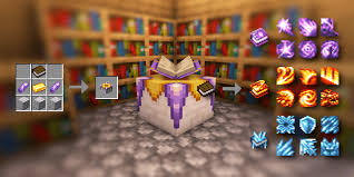 Minecraft magic-themed crafting illustration with bookshelves, a central table and colourful spell icons