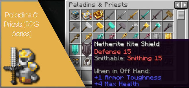Paladins and Priests inventory thumbnail showing defense and smithing requirements on a shield