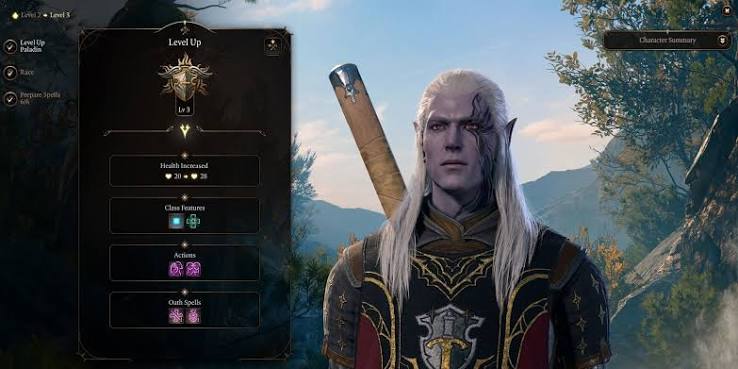 Fantasy RPG character beside a level-up panel with class features and health changes