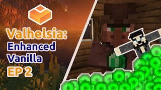 Valhelsia Enhanced Vanilla episode thumbnail with a Minecraft character and green experience orbs